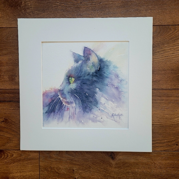 Watercolor Print of 'Cleo' The Black Cat. 13" x 13" - Picture 1 of 2